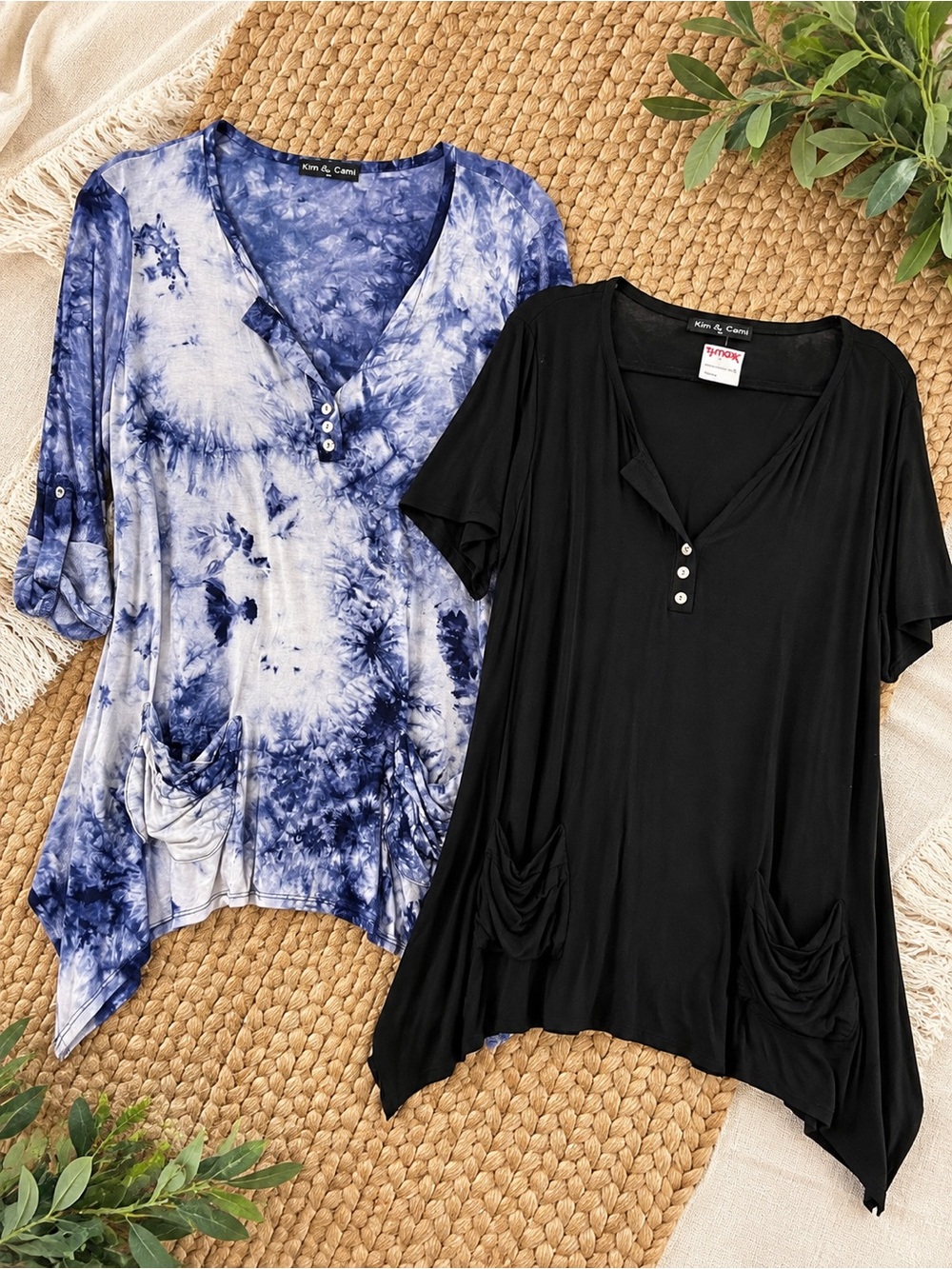 Kim & Cami 2-Piece Tunic Top Bundle Black & Blue Tie Dye Draped Pocket